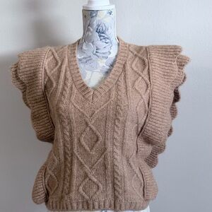 Zara Med. Tan Cable Knit Ruffle Sleeve Sweater Vest – Cottagecore Cozy Neutral